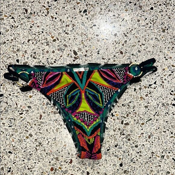 Trina Turk bikini bottom tassel US 8 black ikat print pink green - Picture 1 of 4
